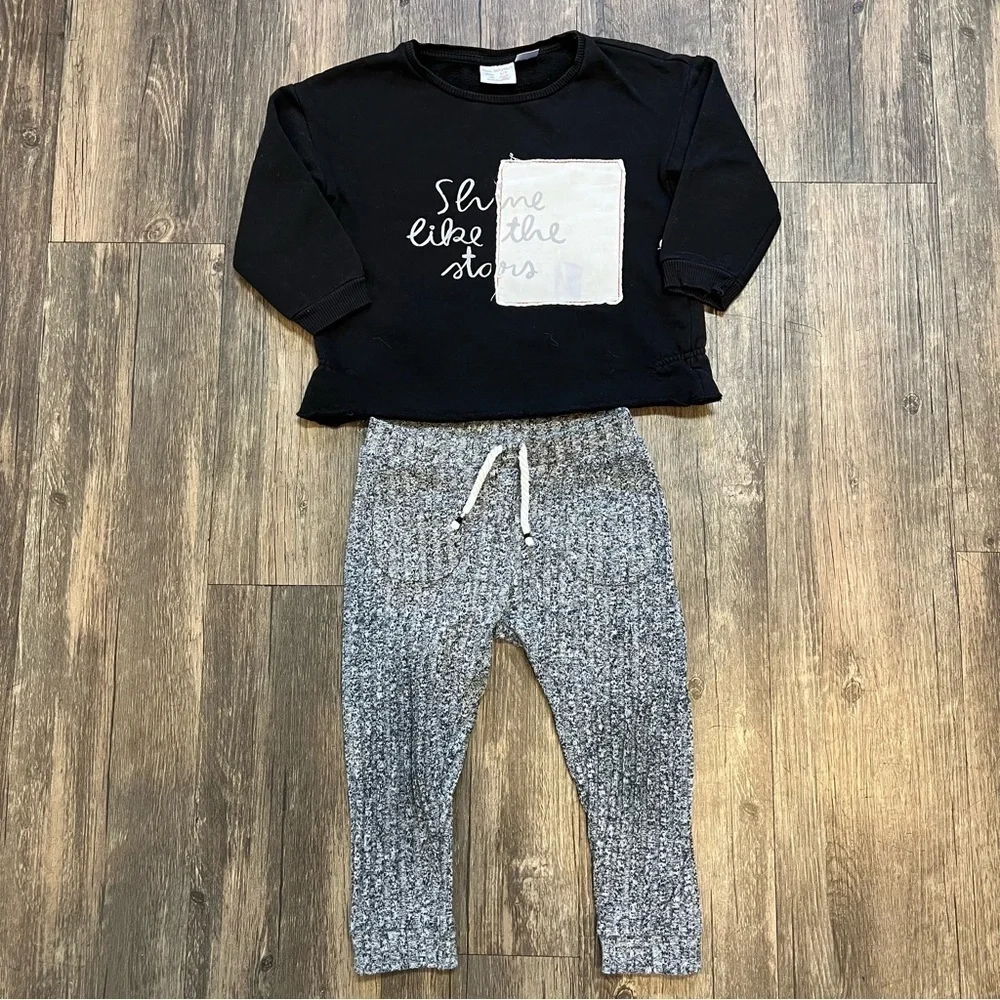 Zara Baby Black Shine Like The Starts Top And Gray Pants Set Size 2/3